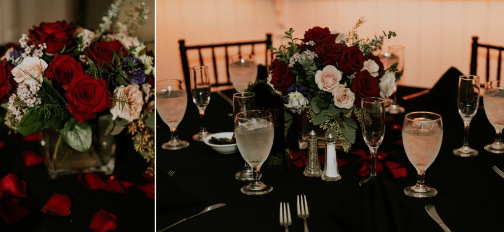 Bouquets of red and pink roses as wedding centerpieces