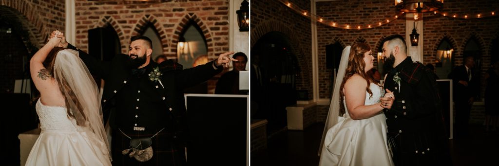 Newlywed bride and groom twirling in first dance in brick reception venue Historic Maxwell Room