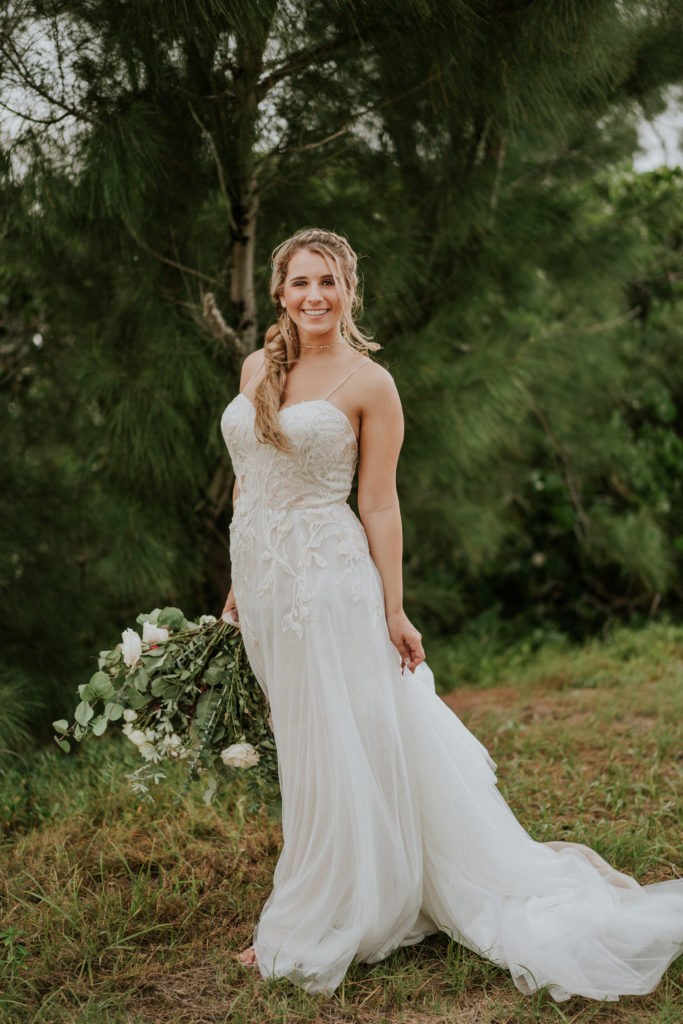 Vegetal motif lace appliqué boho aesthetic wedding dress for Florida bride Stuart FL Hutchinson Island