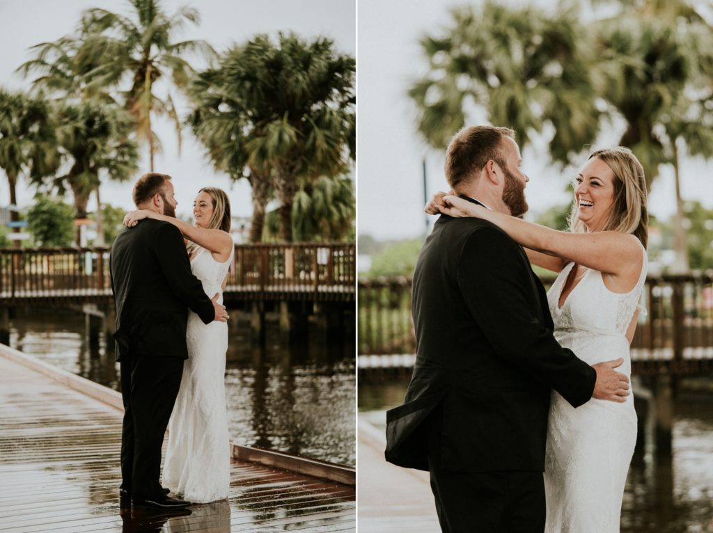 Bride and groom dance on Rockin' Riverwalk with palm trees in background in Downtown Stuart FL wedding
