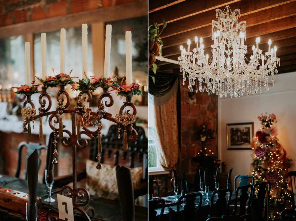 Cafe Martier Downtown Stuart Speakeasy wedding reception decor chandelier and candelabra