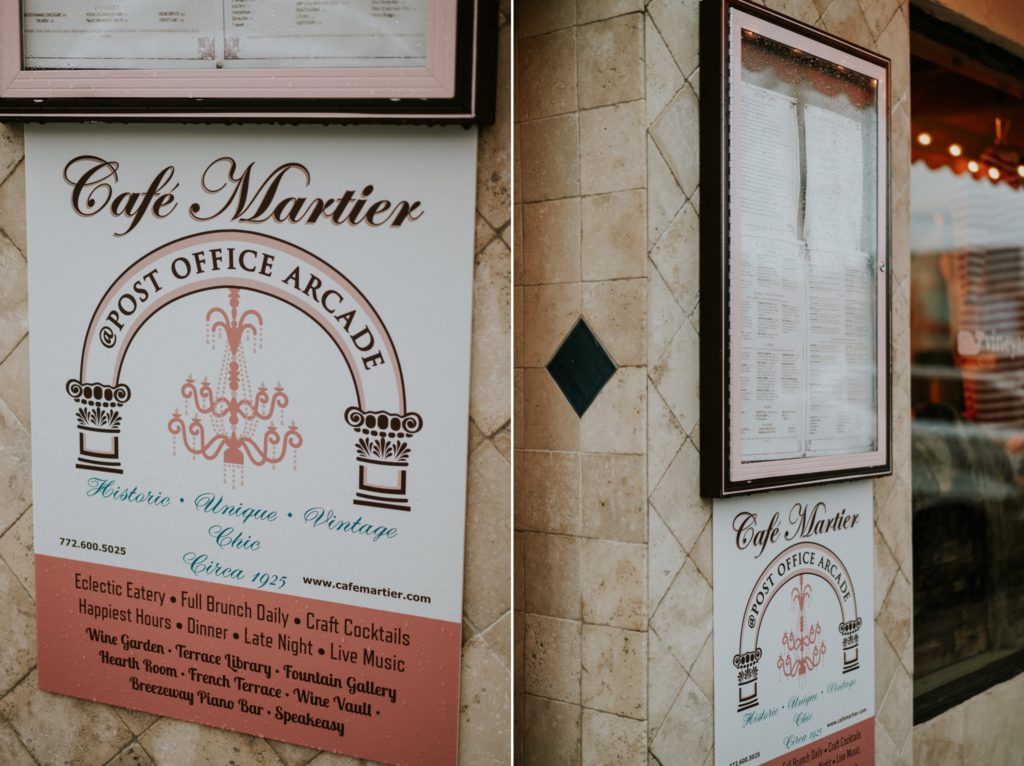 Cafe Martier Post Office Arcade Downtown Stuart menu sign