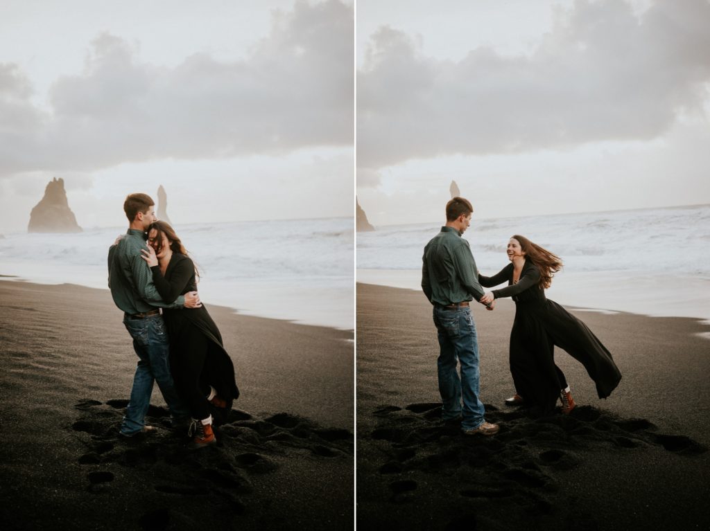 Couple dance on Black Sand Beach Vík