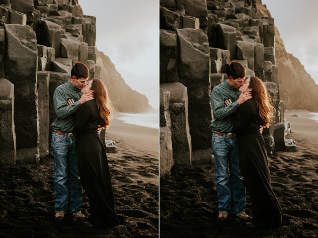 Iceland elopement couple kiss in front of basalt columns at sunrise on Reynisfjara Black Sand Beach