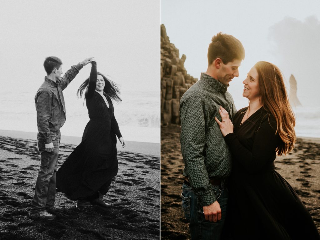 Iceland elopement couple dance on Black Sand Beach at sunrise in Vík