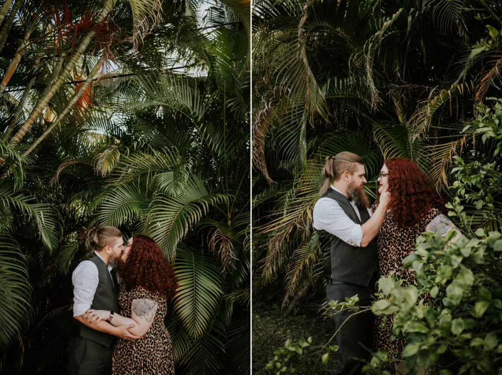 Matt & Nikki kiss in backyard engagement West Palm Beach Worth Avenue FL