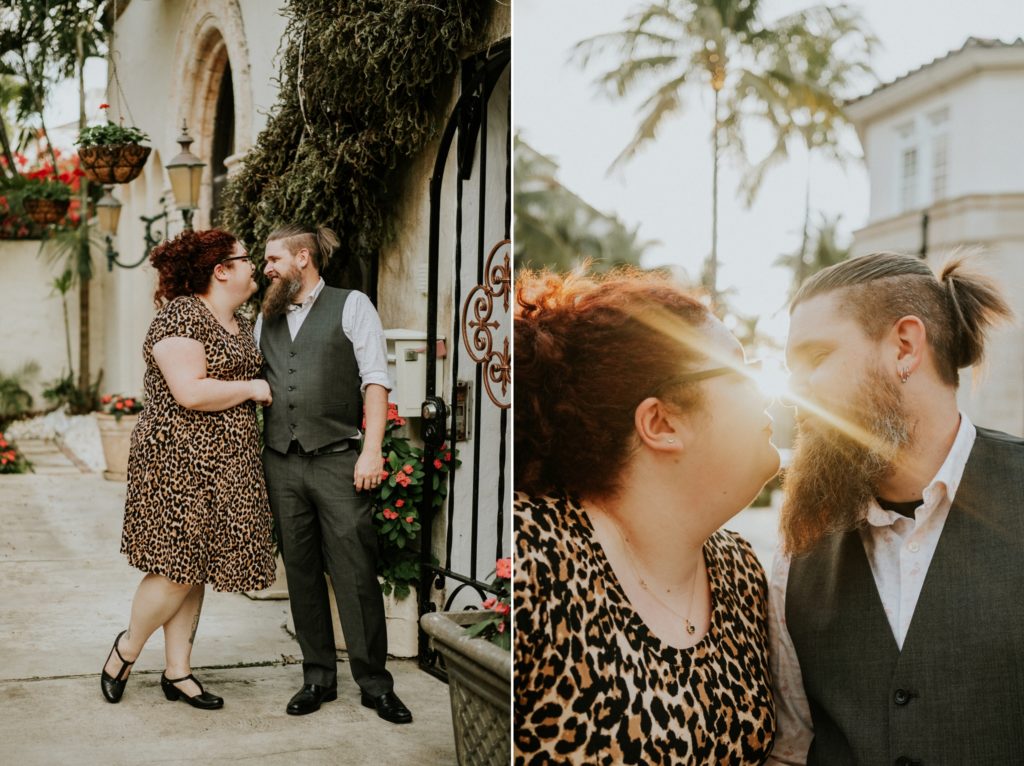 Palm Beach Worth Avenue courtyard engagement with sunburst kiss