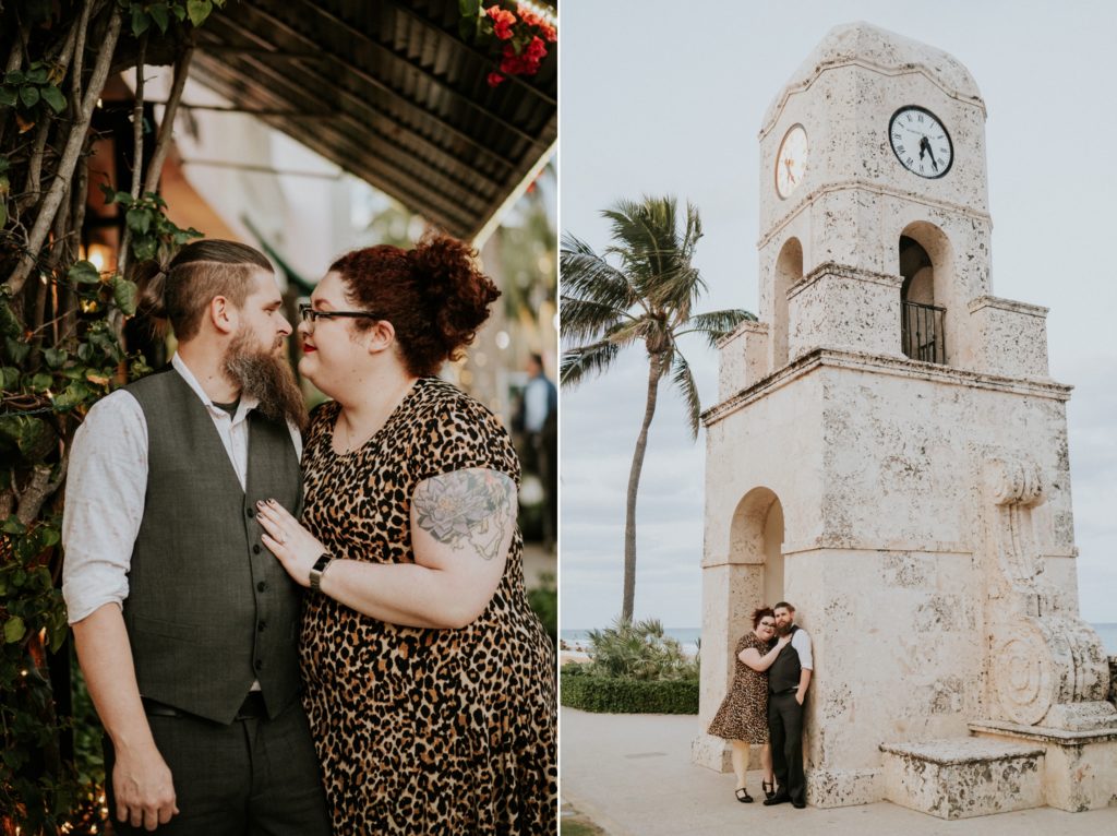 Matt & Nikki embrace on Worth Ave Clock Tower Palm Beach FL
