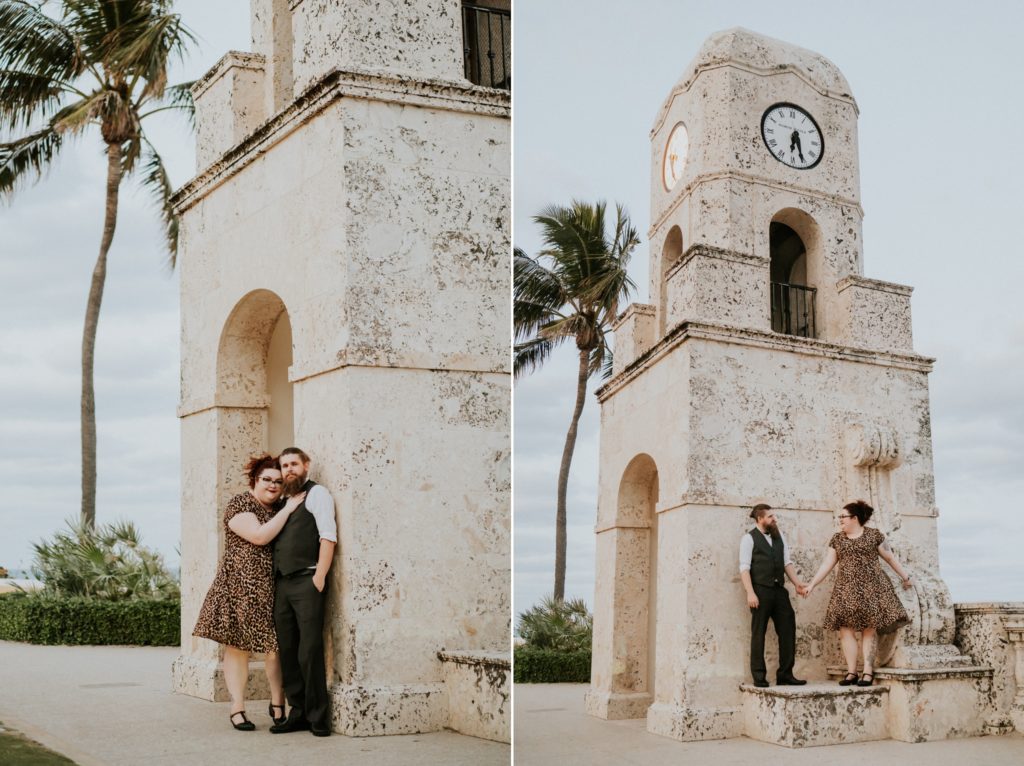 Engagement couple embrace on Worth Ave Clock Tower Palm Beach FL