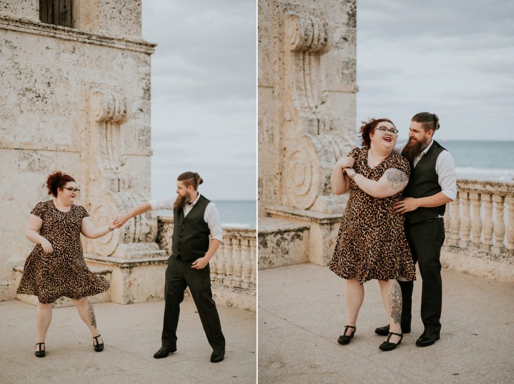 Engagement couple dance on Worth Ave Clock Tower Palm Beach FL