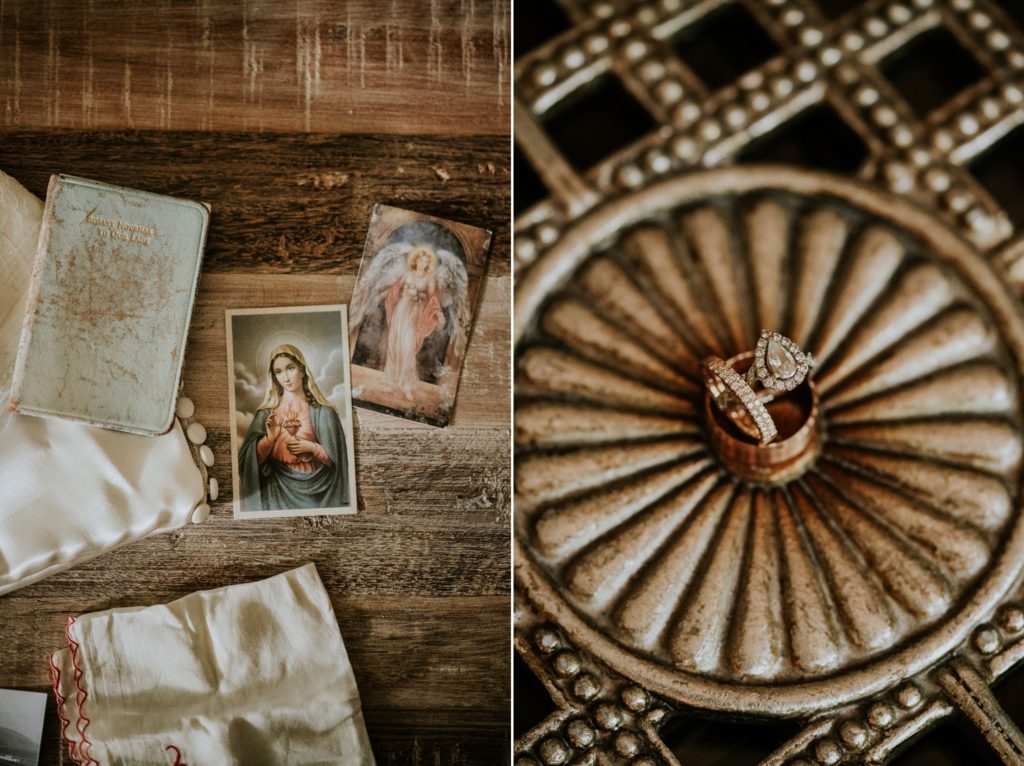 Catholic wedding details and engagement ring macro Florida elopement photography