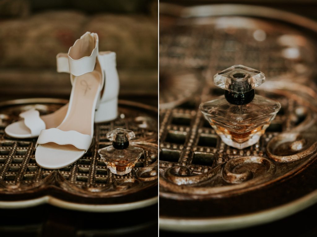 Wedding details shoes and perfume bottle Florida wedding photography