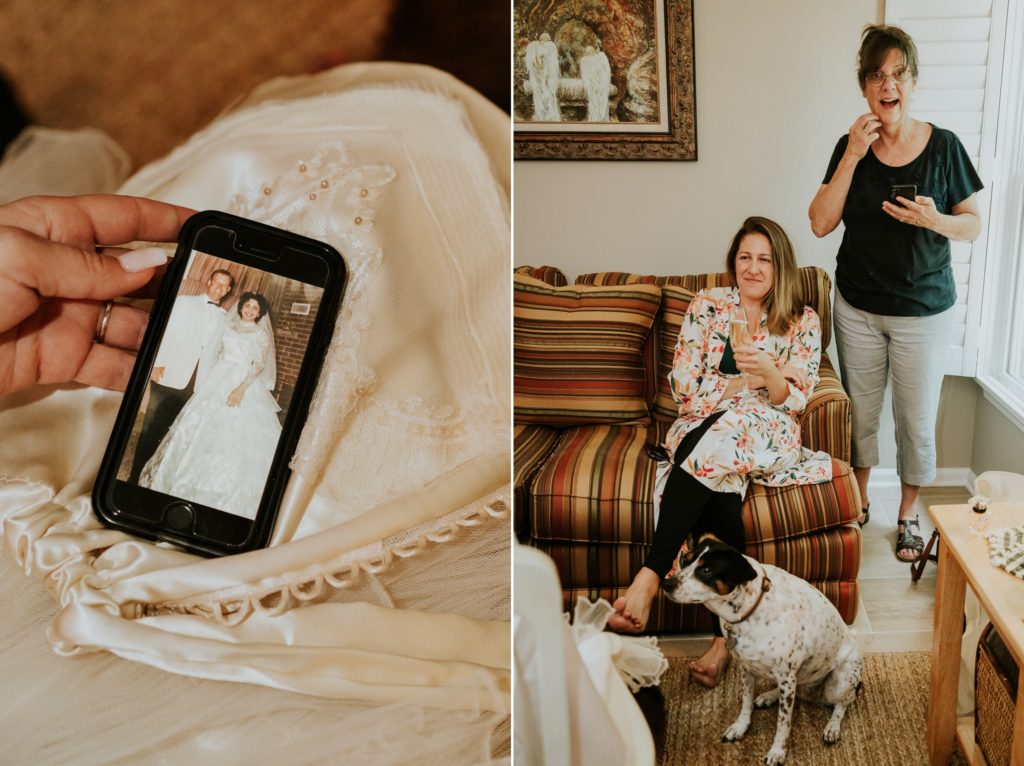 Bride's phone shows old vintage wedding photo of her grandparents