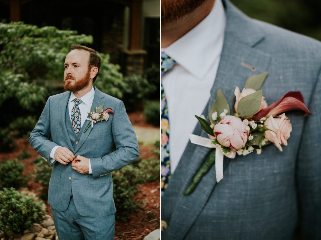 Groom buttons jacket and boutonniere Atlanta GA backyard wedding FL elopement photography