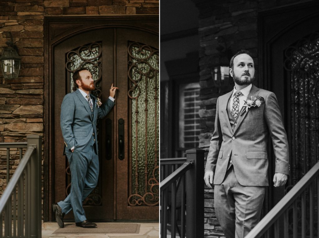 Groom poses by door to family home backyard Atlanta GA wedding FL elopement photography