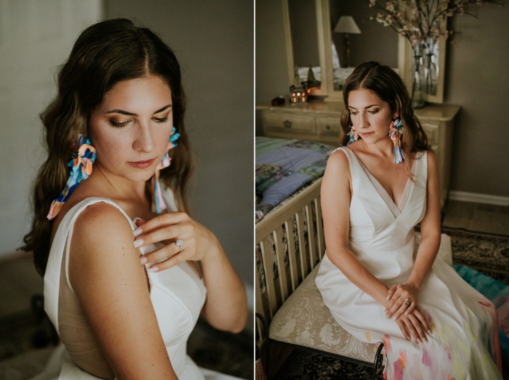 At-home backyard wedding Atlanta GA bridal portrait eclectic artsy earrings FL elopement photographer