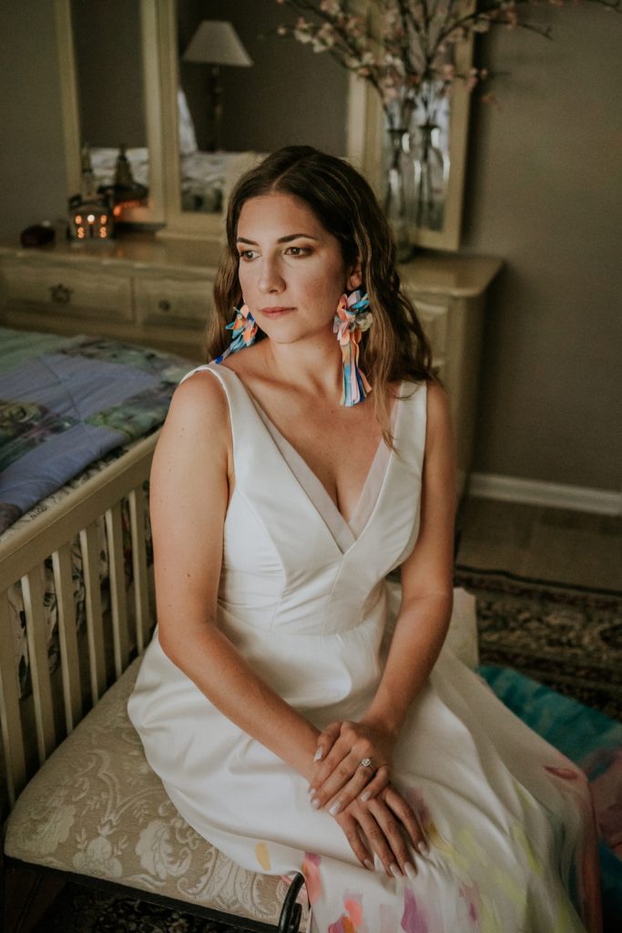 At-home wedding Atlanta GA bridal portrait with eclectic artsy earrings Florida elopement photography