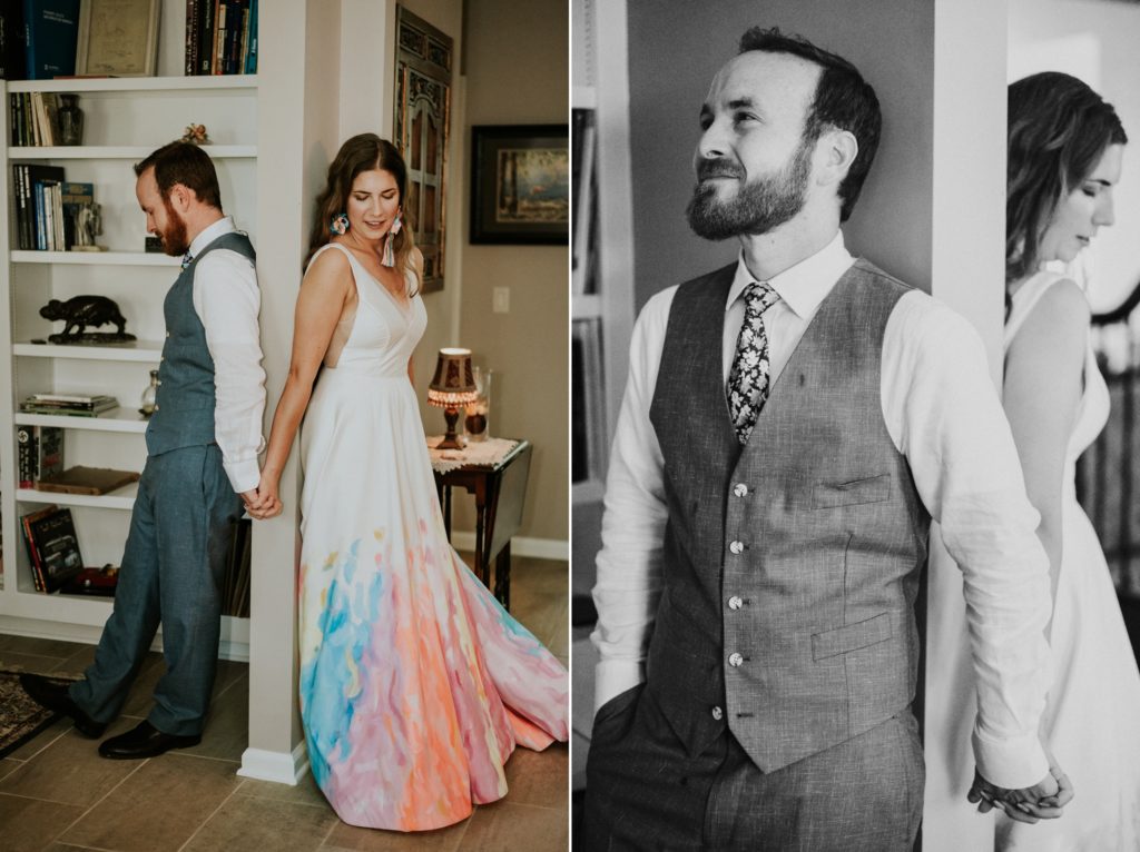 Groom first touch reaction at-home wedding with bride wearing hand-painted rainbow wedding dress Atlanta GA Florida elopement photography
