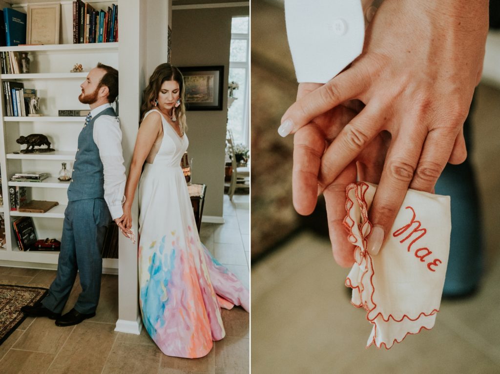 At-home wedding first touch holding handkerchief wearing hand-painted rainbow wedding dress Atlanta GA FL elopement photography