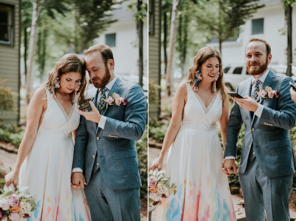Bride and groom talk to mom on the phone after wedding ceremony