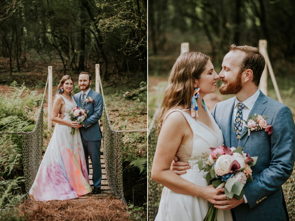 Wedding photos on bridge in woodsy backyard Atlanta GA wedding elopement