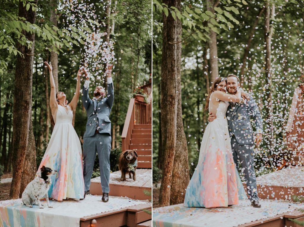 Eco-friendly confetti special ceremony exit hand-painted colorful wedding dress backyard ceremony Atlanta GA FL elopement photography