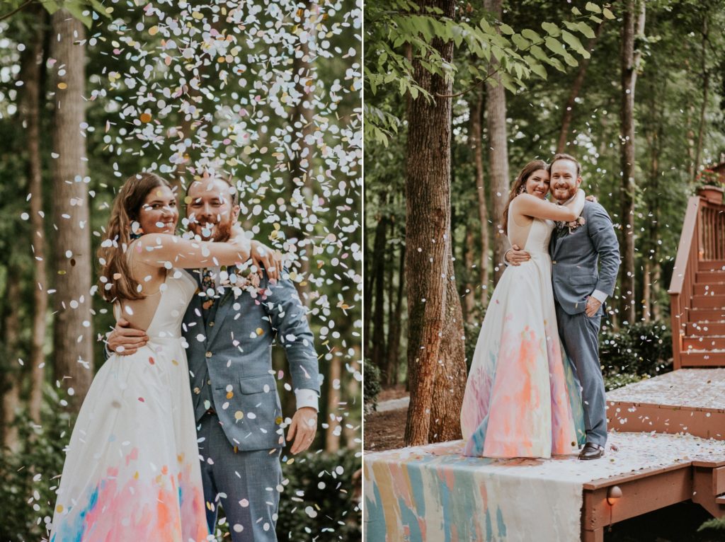 Eco-friendly confetti special ceremony exit hand-painted colorful wedding dress backyard ceremony Atlanta GA FL elopement photography