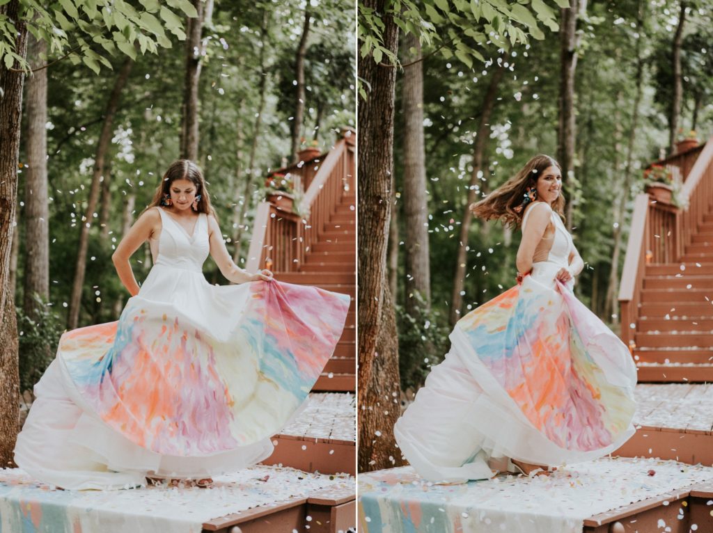 Bride twirls in hand-painted rainbow wedding dress backyard ceremony Atlanta GA FL elopement photography