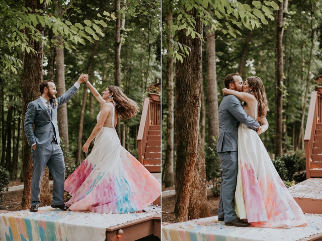 First dance in hand-painted rainbow wedding dress backyard ceremony Atlanta GA FL elopement photography