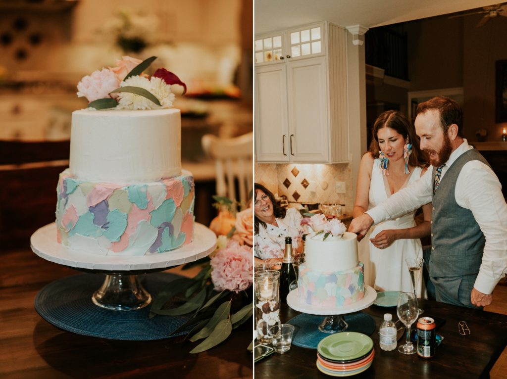 Artsy watercolor painted cake cutting at home backyard wedding Atlanta GA Florida elopement photography