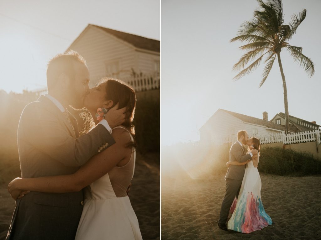 Wedding couple kiss at sunset by House of Refuge museum Stuart Florida elopement photography