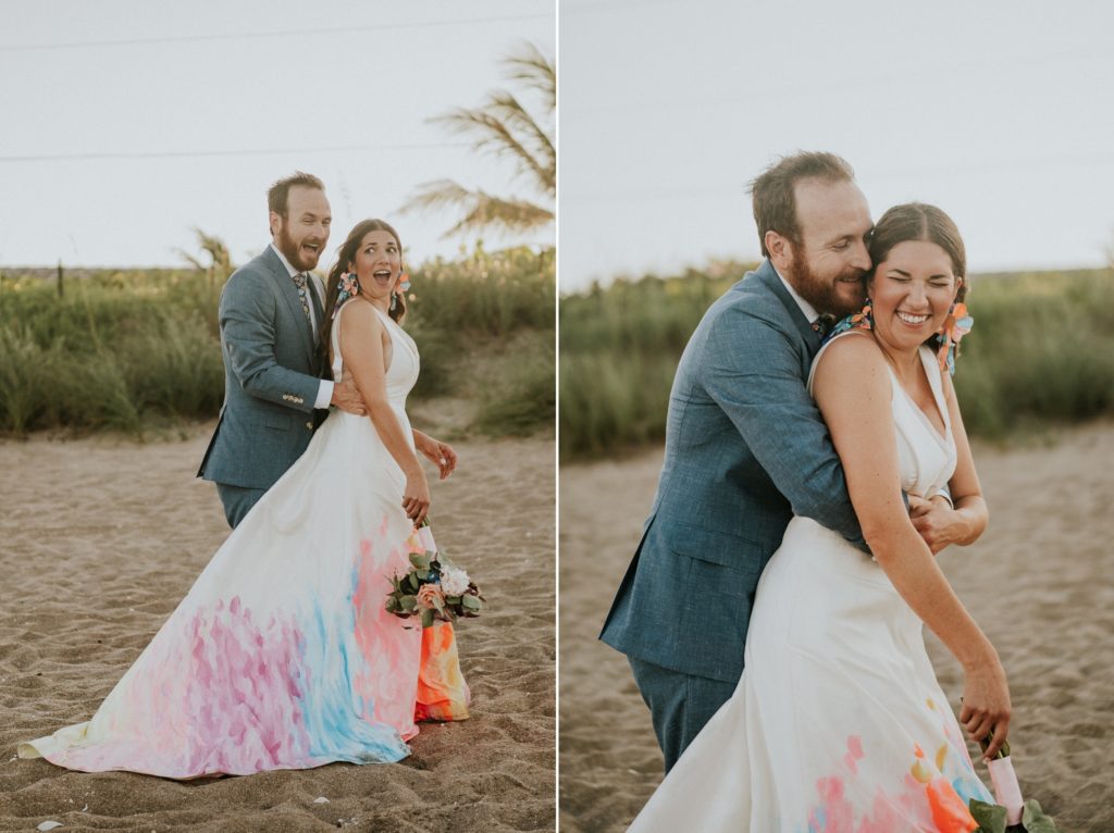 Groom scares bride during beach wedding portrait