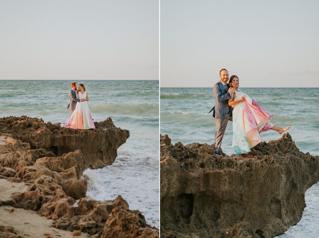 Bride and groom pose on rocky beach House of Refuge Stuart FL elopement