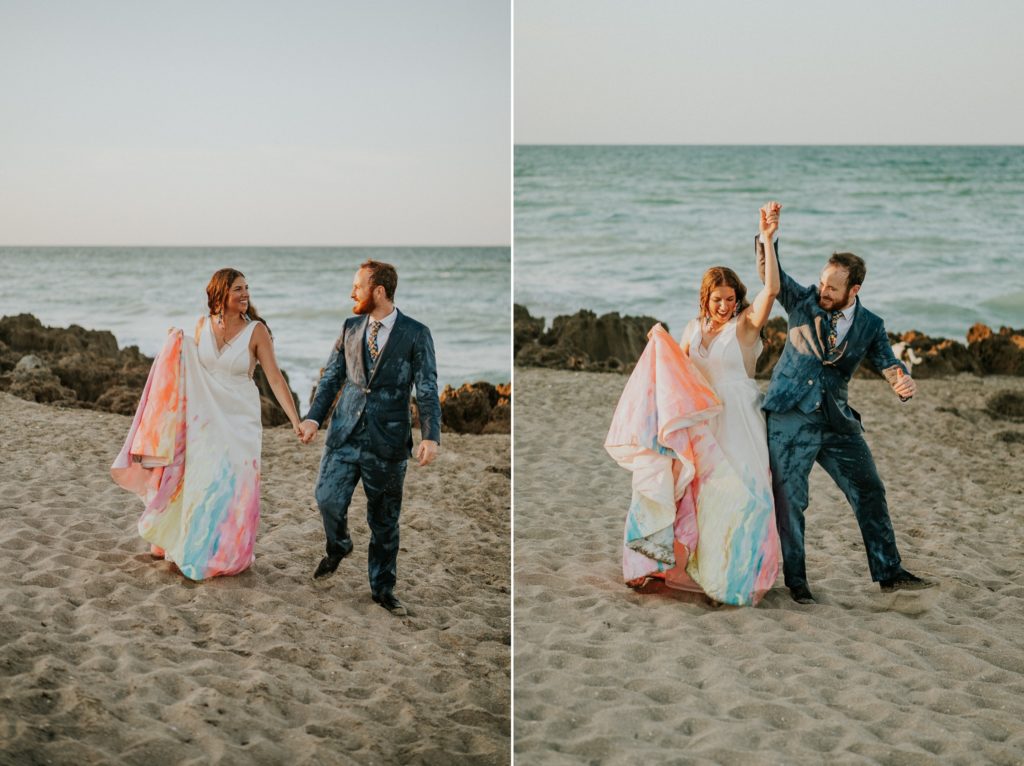 Bride and groom hold hands and walk rocky beach Stuart Florida elopement photographer