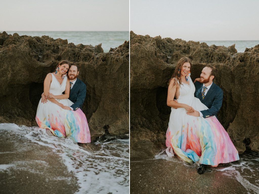 Wedding couple embrace in rocky beach House of Refuge Stuart FL elopement photography