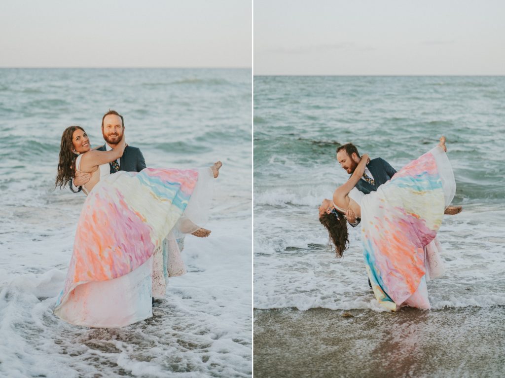 Groom dip kiss bride in ocean waves House of Refuge beach wedding Stuart FL elopement photography