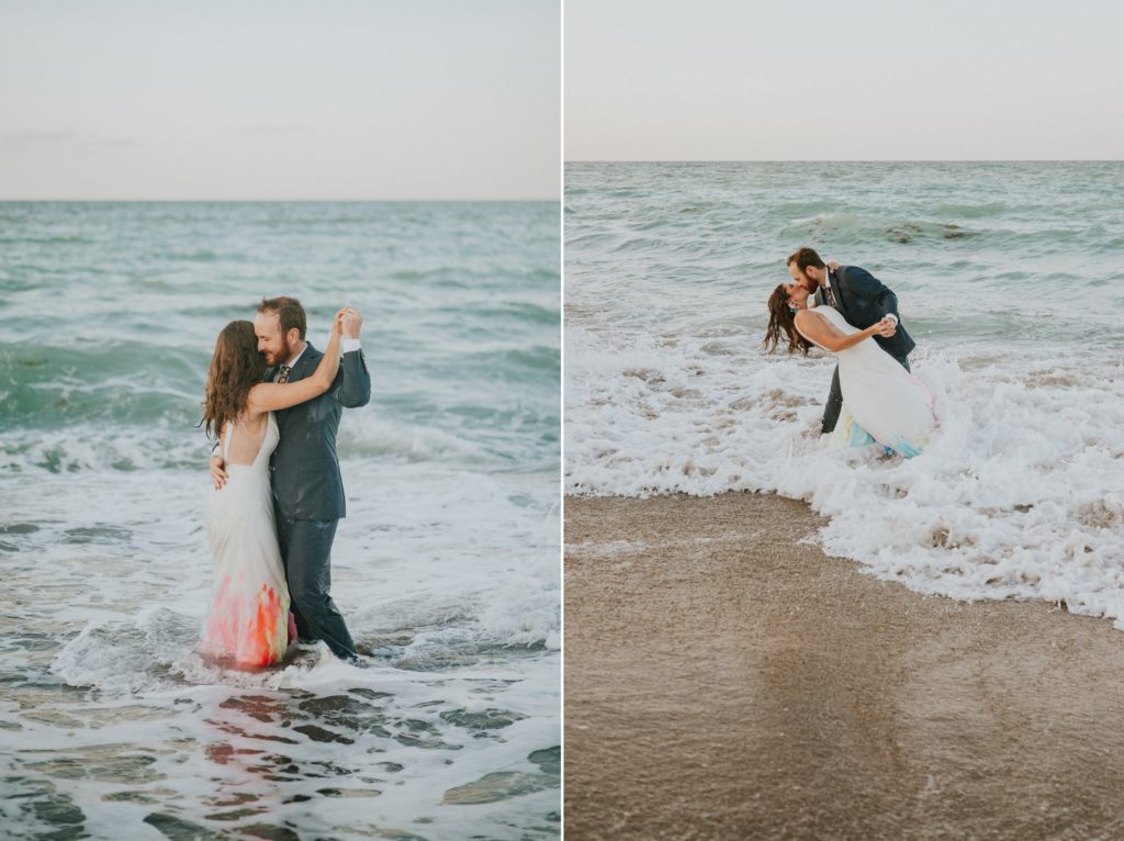 First dance in ocean waves House of Refuge beach wedding Stuart Florida elopement photography