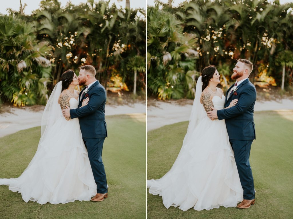 Wedding couple sunset kiss Wanderers Club Wellington FL photographer