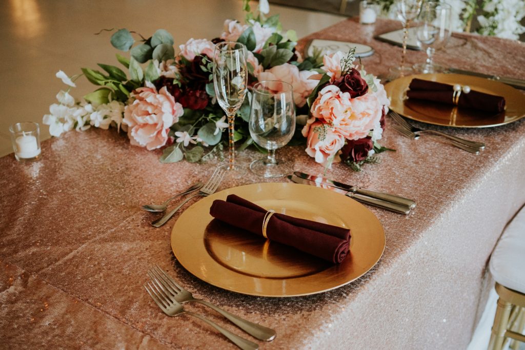 Wedding reception decor pink glitter sweetheart table copper plate