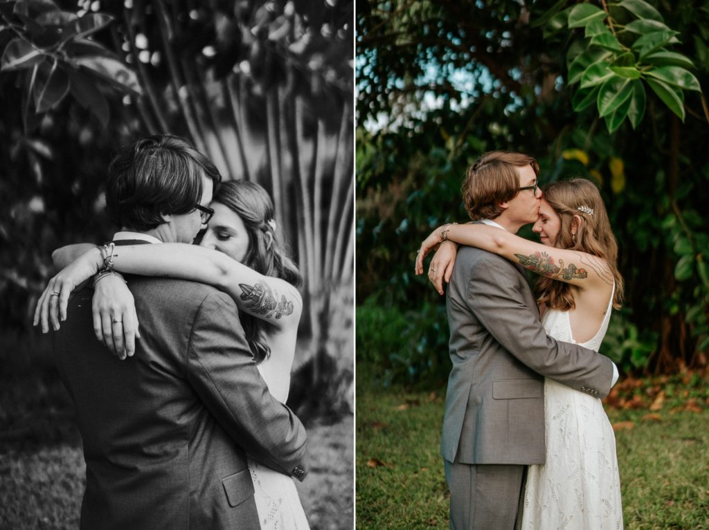 Jupiter Florida backyard wedding elopement groom kisses bride with tattoos