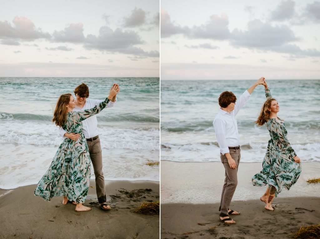 Aaron spins Bri dancing on beach in DuBois Park Jupiter elopement