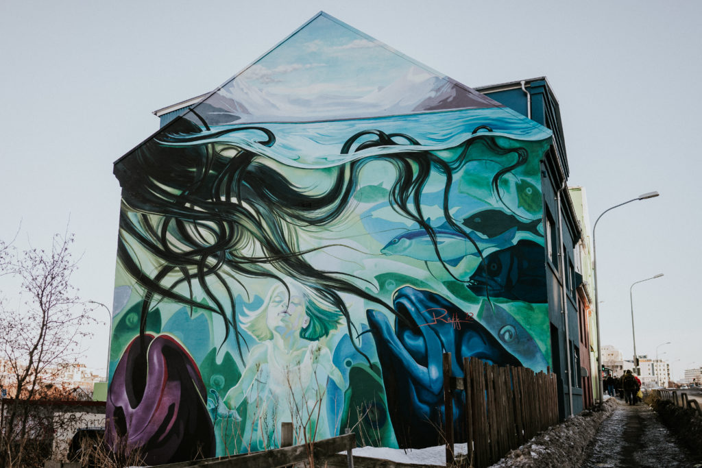Underwater mural street art on side of house in Reykjavík Iceland