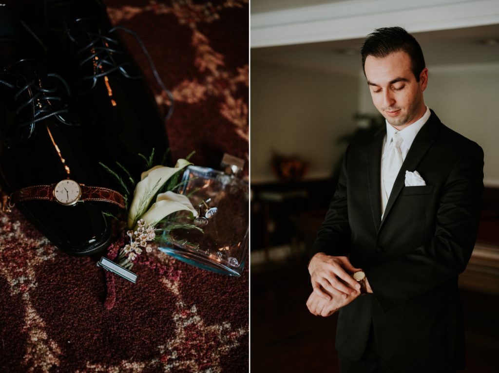 Casa Lantana wedding details calla lily boutonnière next to groom putting on watch