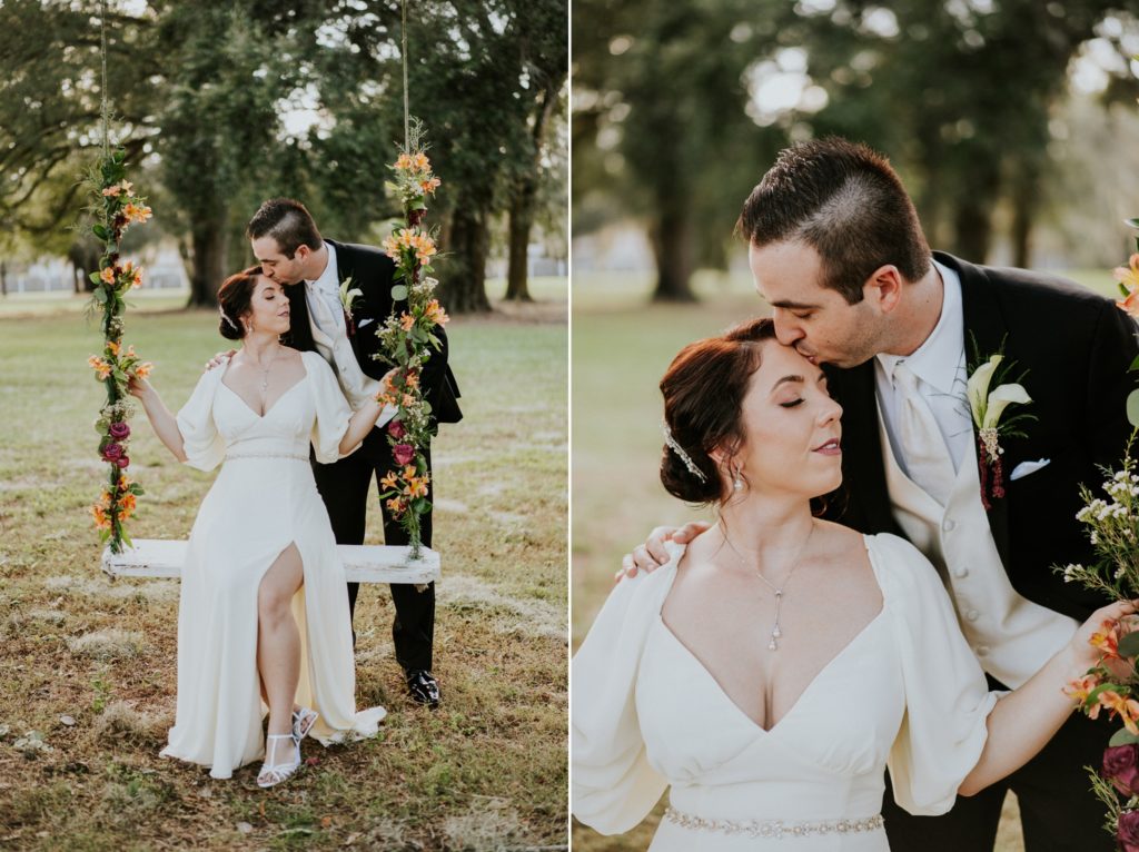 Casa Lantana wedding flower swing romantic kiss between vintage bride and groom