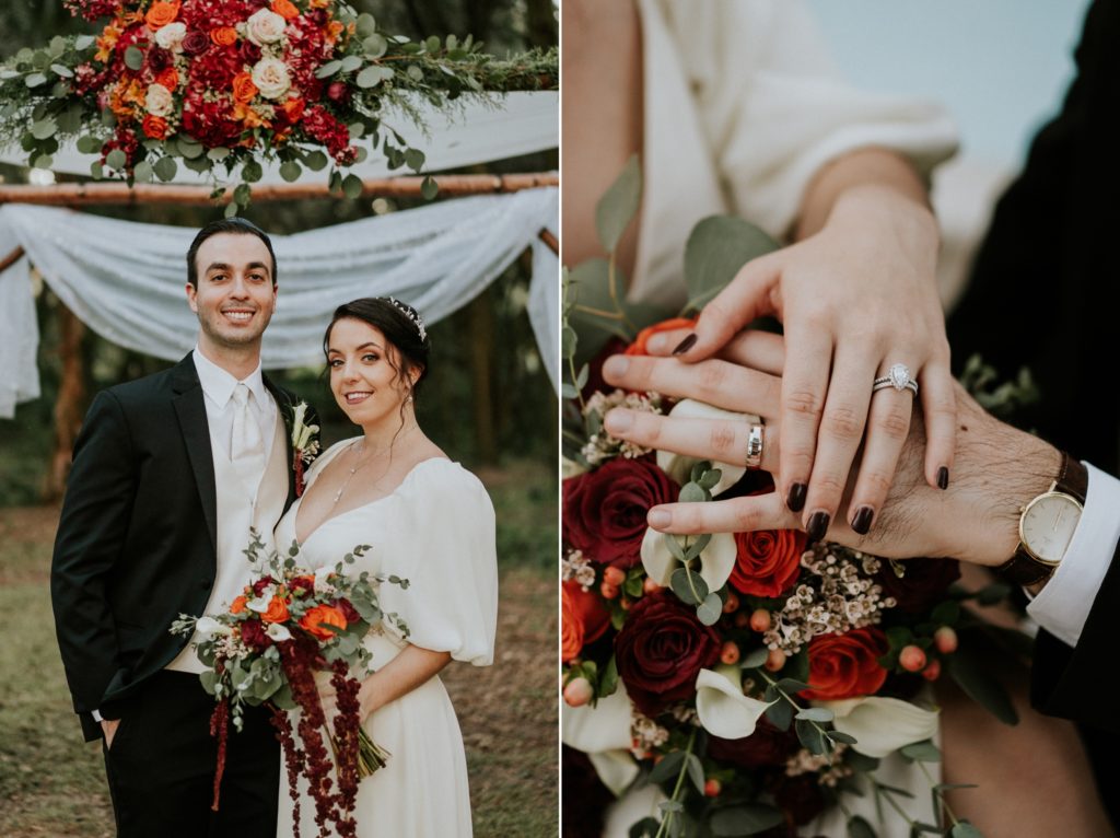 Casa Lantana wedding bride and groom with rings on rose bouquet under chuppah