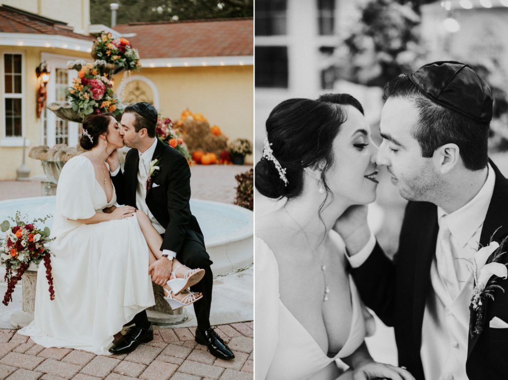 Casa Lantana wedding romantic kiss on floral fountain Stuart FL wedding photographer