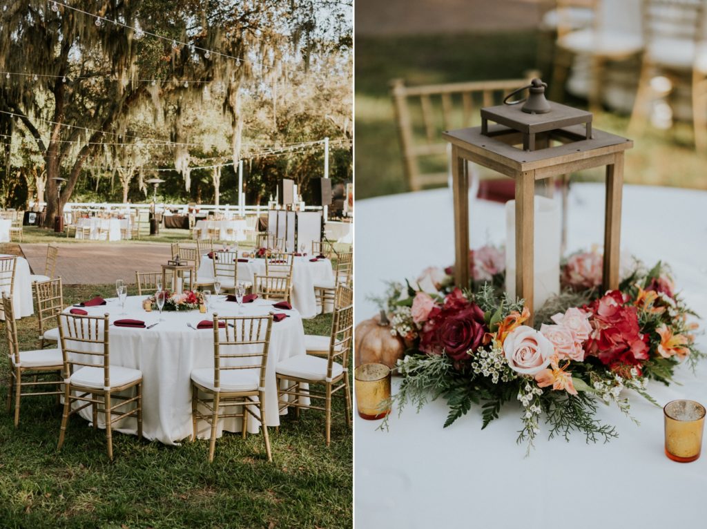 Romantic vintage wedding decor with table lanterns at Casa Lantana Brandon FL