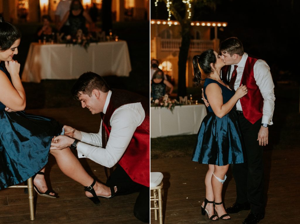 Wedding guest puts garter on girlfriend and kiss at wedding