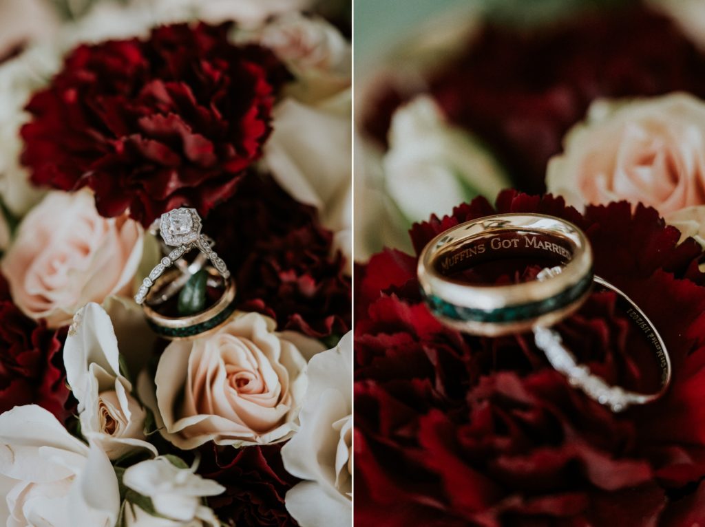 Mia Donna engagement ring and wedding rings engraved with "MUFFINS GOT MARRIED" on red and pink rose Bouqs bouquet