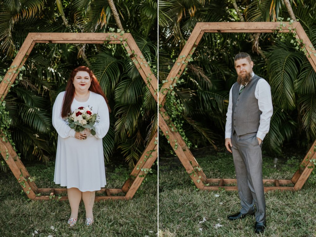 Full length portrait of bride and groom in geometric hexagonal arch West Palm Beach FL backyard wedding